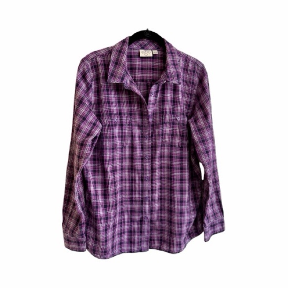 ST JOHN’S BAY, WOMENS LONG SLEEVE, BUTTON-DOWN SHIRT IN PURPLE PLAID. SIZE L - Picture 2 of 8